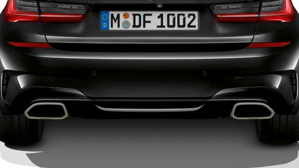 Ekskluzīvas izpūtēja dekoratīvās caurules, BMW M340i xDrive Sedan, G20, 2020 BMW M340i xDrive Sedan, G20, 2020, metāliska Sapphire Black krāsa, ekskluzīvas izpūtēja dekoratīvās caurules, tuvplāns