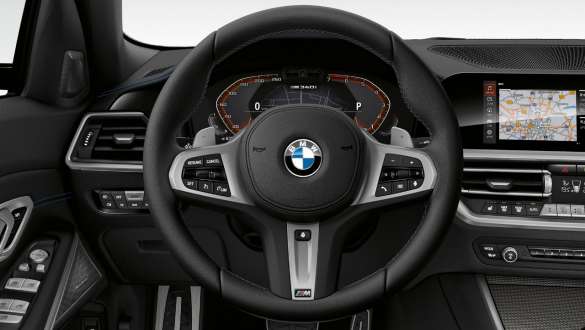 Variablā sporta stūres iekārta, BMW M340i xDrive Sedan, G20, 2020 Variablā sporta stūres iekārta, BMW M340i xDrive Sedan, G20, 2020, metāliska Sapphire Black krāsa, kokpits, salons