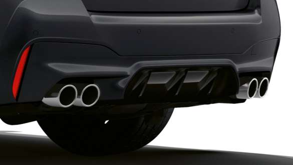 M raksturīgie dubultie izpūtēji, BMW M5, F90, 2020 M raksturīgie dubultie izpūtēji, BMW M5, F90, LCI, atjaunināts, 2020, metāliska Brands Hatch Grey krāsa, tuvplāns, aizmugurējais apakšējais spoileris