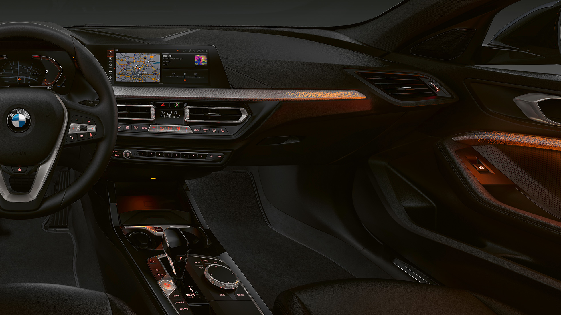 Illuminated Nice salona apdares elementi. BMW 1. sērijas Luxury Line modelis, Illuminated Nice salona apdares elementi.