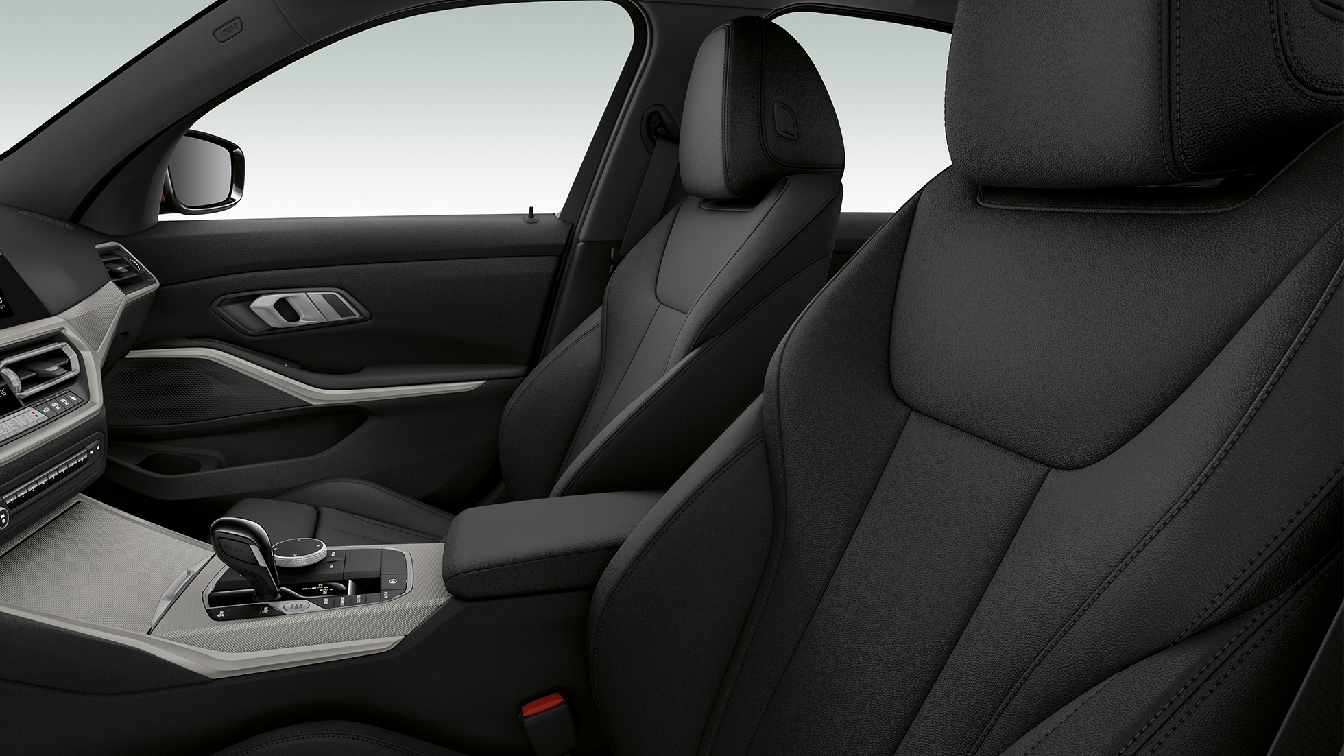 BMW 3. sērijas Sedan, Advantage modeļa priekšējie sēdekļi BMW 3. sērijas Sedan ar Advantage modeļa iespējām priekšējo sēdekļu tuvplāns no sāna.
