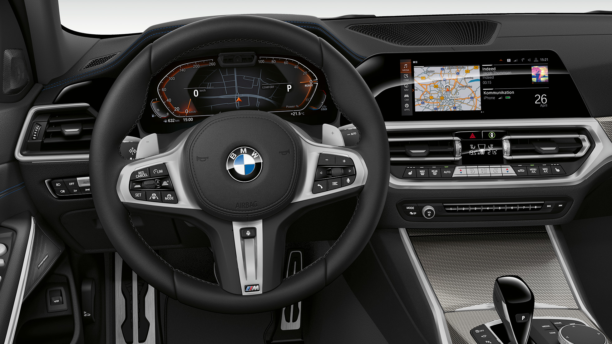 BMW 3. sērijas Sedan, Sport Line modeļa kokpits BMW 3. sērijas Sedan ar Sport Line modeļa iespējām vadītāja kokpita tuvplāns no priekšpuses.