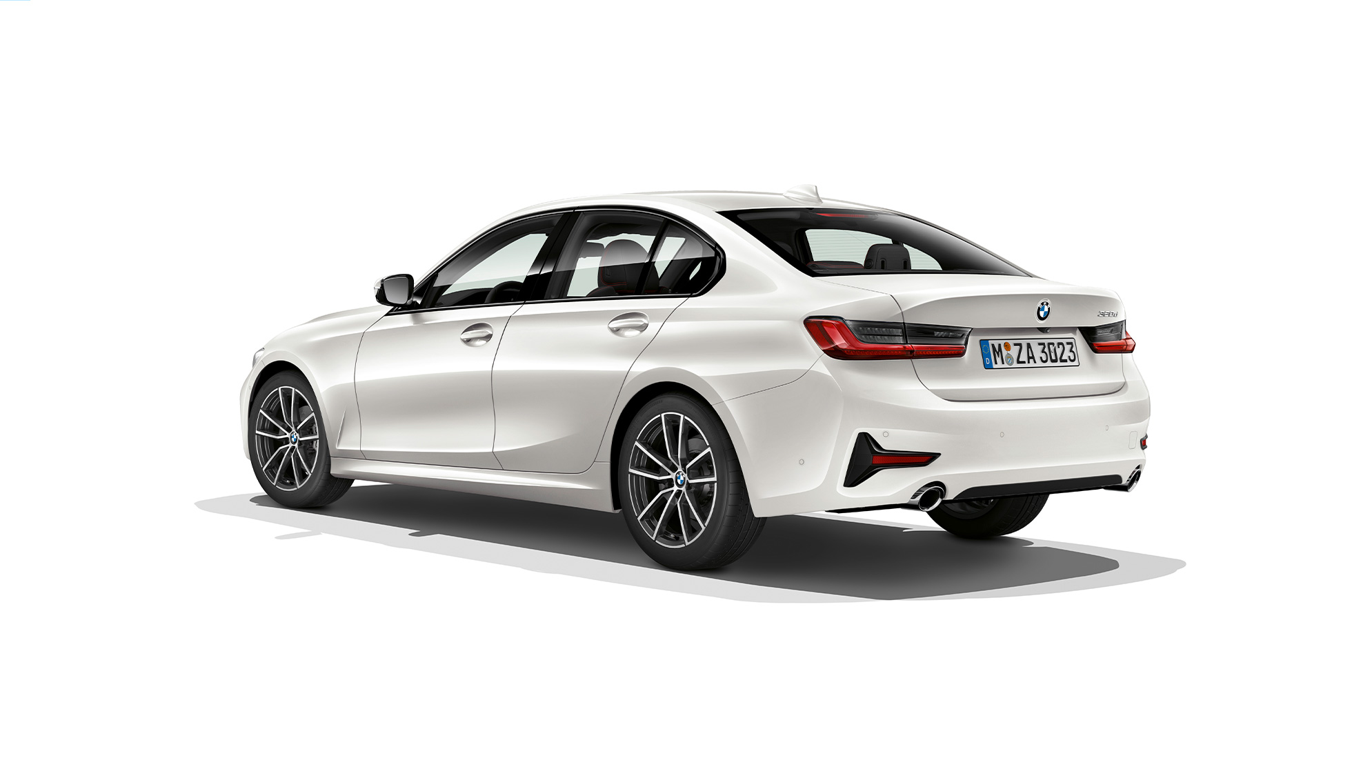 BMW 3. sērijas Sedan, Sport Line modeļa aizmugure BMW 3. sērijas Sedan ar Sport Line modeļa iespējām trīs ceturtdaļu aizmugures skats.