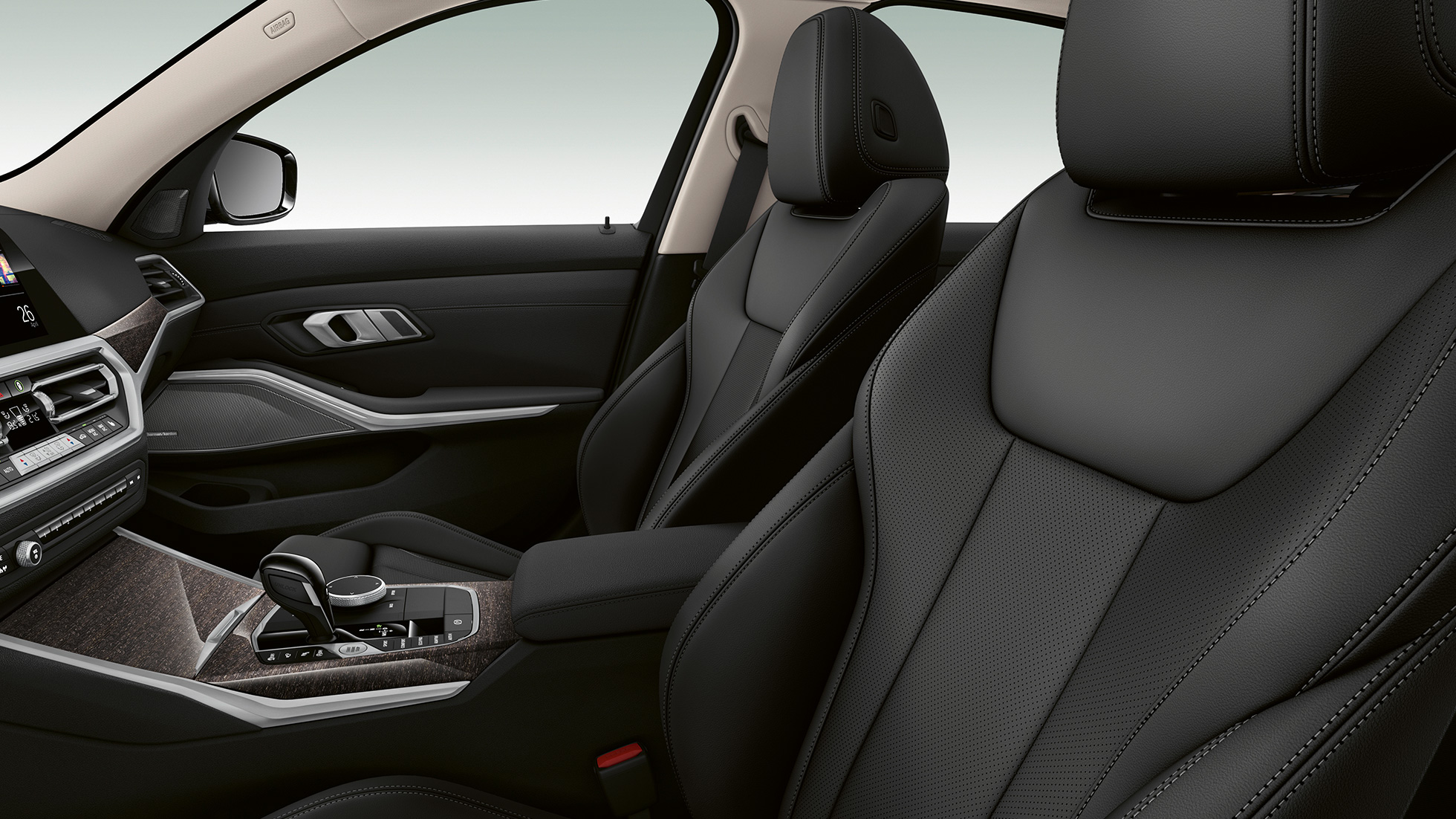 BMW 3. sērijas Sedan, Luxury Line modeļa priekšējie sēdekļi BMW 3. sērijas Sedan ar Luxury Line modeļa iespējām priekšējo sēdekļu tuvplāns no sāna.