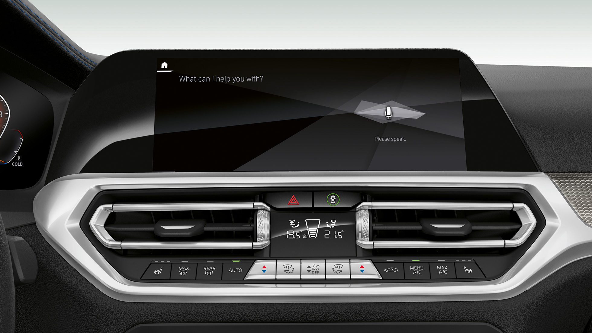 BMW 3. sērijas Sedan, BMW Intelligent Personal Assistant alfabēts BMW 3. sērijas Sedan kokpita displeja ar BMW Intelligent Personal Assistant alfabētu tuvplāns.