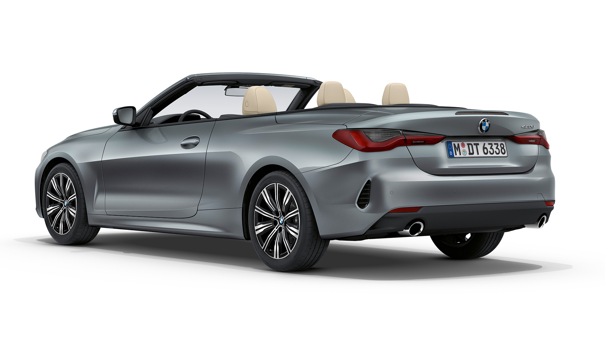 BMW 4. sērijas Cabrio, bāzes modelis, G23, 2020 BMW 4. sērijas Cabrio, G23, 2020, bāzes modelis, metāliska Bluestone krāsa, trīs ceturtdaļu aizmugures skats