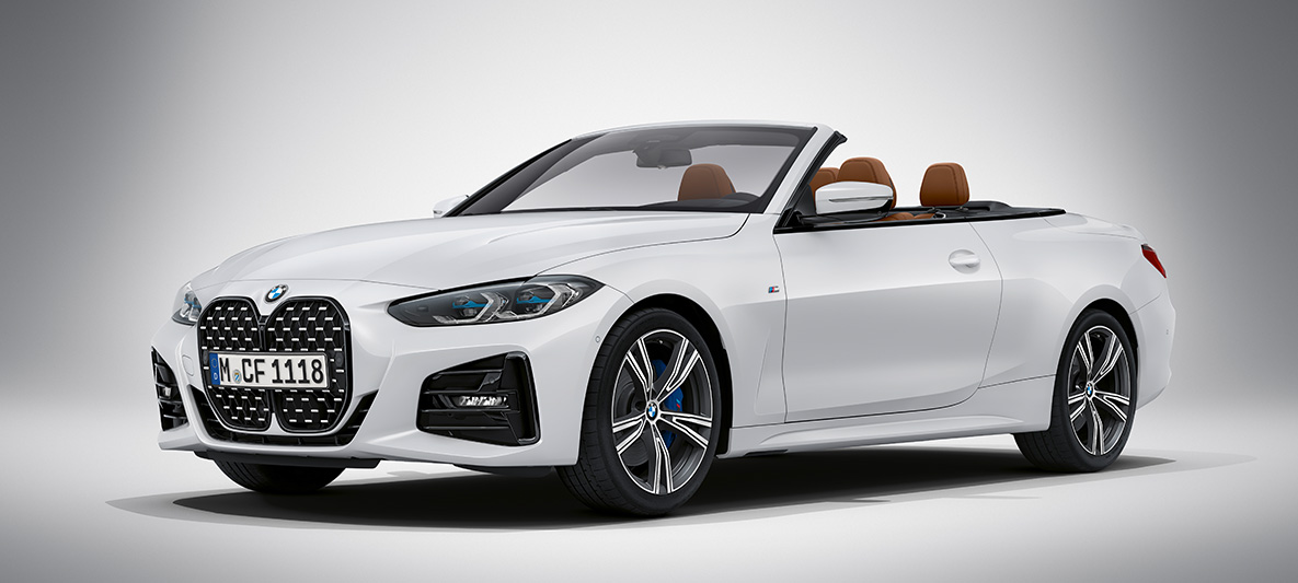 BMW Individual metāliska Dravite Grey krāsa, BMW 4. sērijas Cabrio, G23, 2020 BMW 4. sērijas Cabrio, BMW Individual metāliska Frozen Brilliant White krāsa, G23, 2020, trīs ceturtdaļu priekšpuses skats, stāvošs automobilis