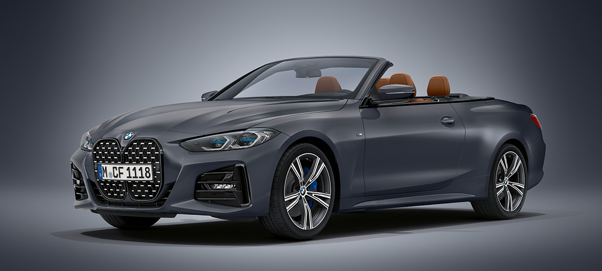 BMW Individual metāliska Frozen Deep Grey krāsa, BMW 4. sērijas Cabrio, G23, 2020 BMW 4. sērijas Cabrio, Individual metāliska Frozen Deep Grey krāsa, G23, 2020, trīs ceturtdaļu priekšpuses skats, stāvošs automobilis