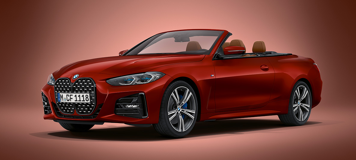BMW Individual metāliska Aventurin Grey krāsa, BMW 4. sērijas Cabrio, G23, 2020 BMW4. sērijas Cabrio, G23, 2020, BMW Individual metāliskā Aventurine Red krāsā, trīs ceturtdaļu priekšpuses skats, stāvošs automobilis