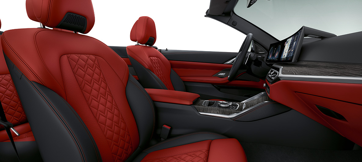 BMW Individual pilna Merino ādas apdare, Fiona Red/Black krāsa, BMW 4. sērijas Cabrio, Individual, 2020, G23, salons BMW Individual pilna Merino ādas apdare, Fiona Red/Black krāsa, BMW 4. sērijas Cabrio, Individual, G23, 2020, salons
