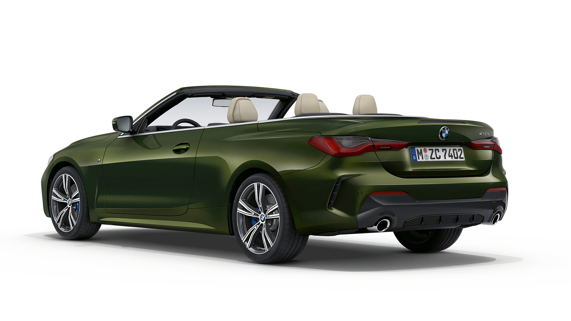 Aizmugure, BMW 4. sērijas Cabrio, M Sport modelis, G23, 2020 BMW 4. sērijas Cabrio, G23, 2020, M Sport modelis, metāliska Sanremo Green krāsa, trīs ceturtdaļu priekšpuses skats