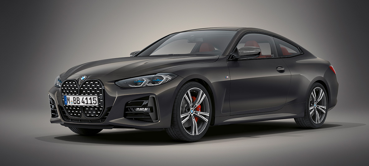 BMW Individual metāliska Dravite Grey krāsa, BMW 4. sērijas Coupé, G22, 2020 BMW 4. sērijas Coupé, metāliska Individual Dravite Grey krāsa, G22, 2020, trīs ceturtdaļu priekšpuses skats, stāvošs automobilis