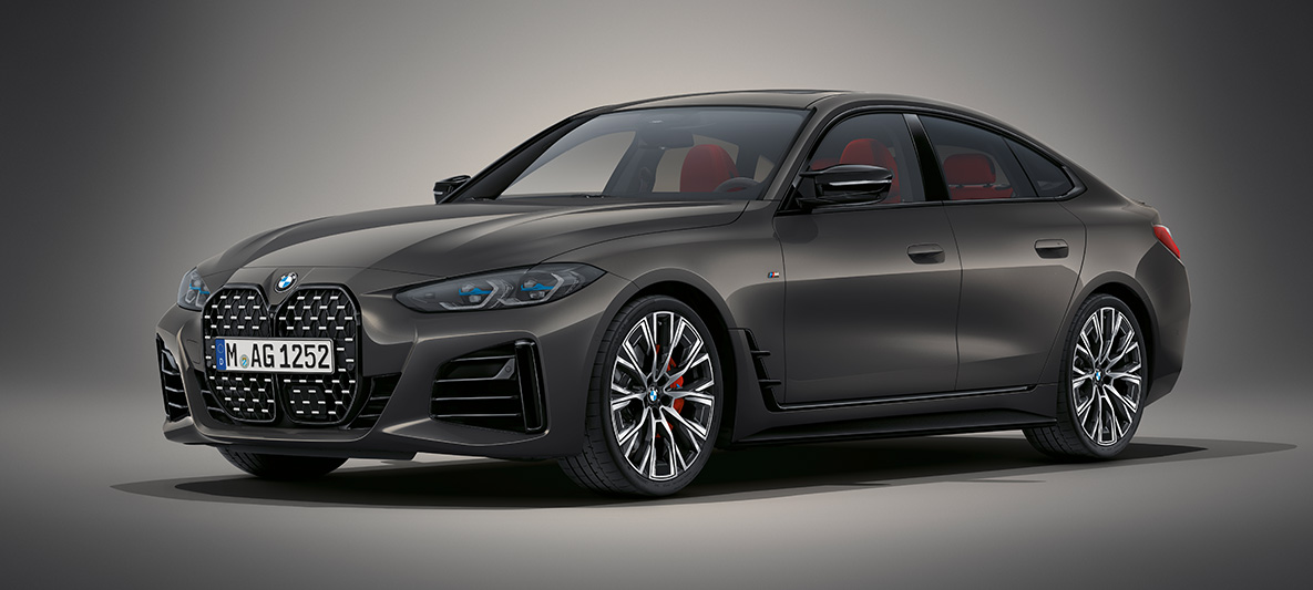 BMW M440i xDrive Gran Coupé, G26, 2021, BMW Individual metāliska Dravite Grey krāsa BMW 4. sērijas Gran Coupé, G26, 2021 BMW Individual metāliska Dravite Grey krāsa, trīs ceturtdaļu priekšpuses skats, stāvošs automobilis