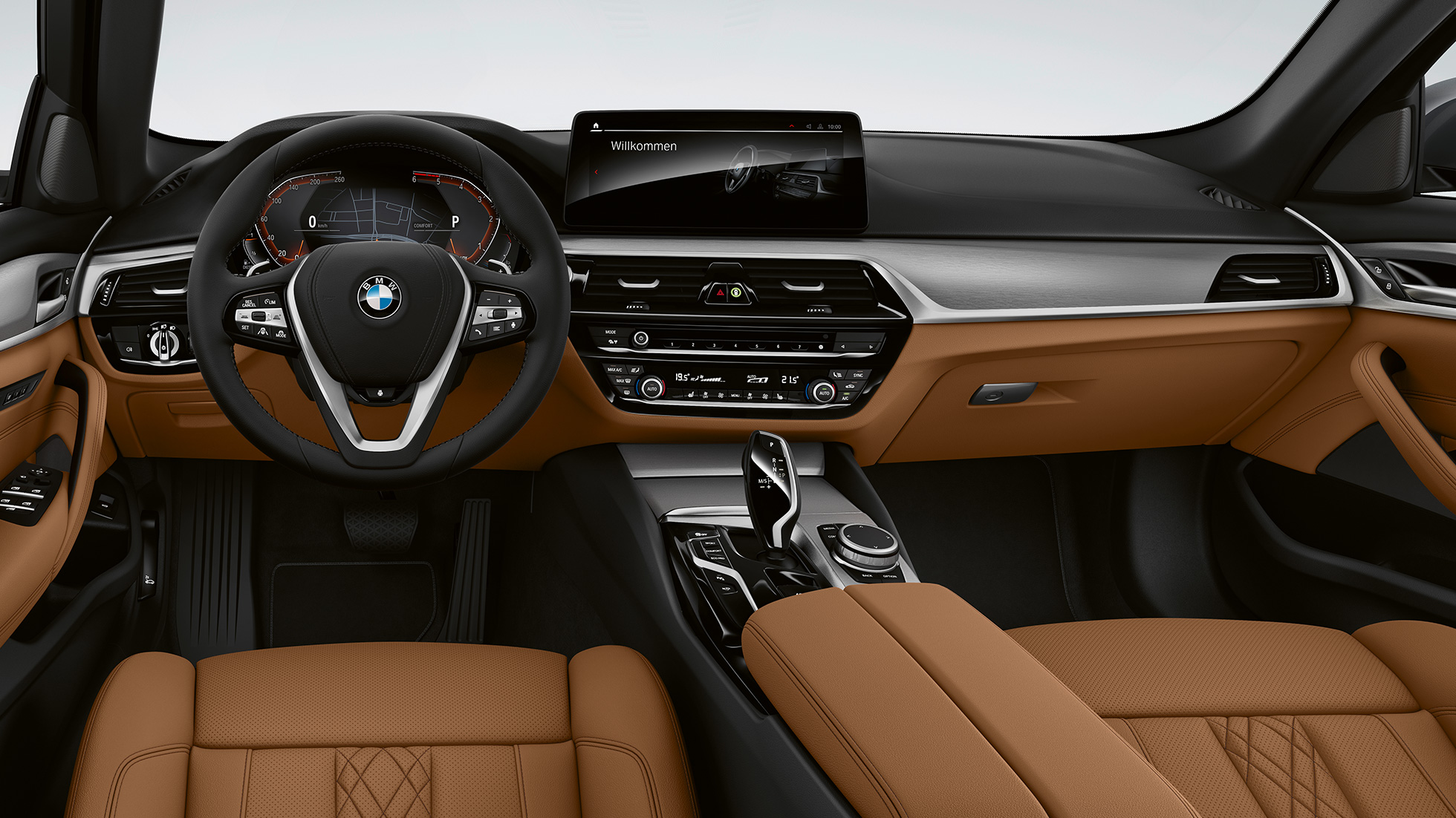 Kokpits, BMW 5. sērijas Sedan, G30, pamata aprīkojums Kokpits, BMW 5. sērijas Sedan, 540i, G30, 2020, pamata aprīkojums, Sensatec Cognac, salons