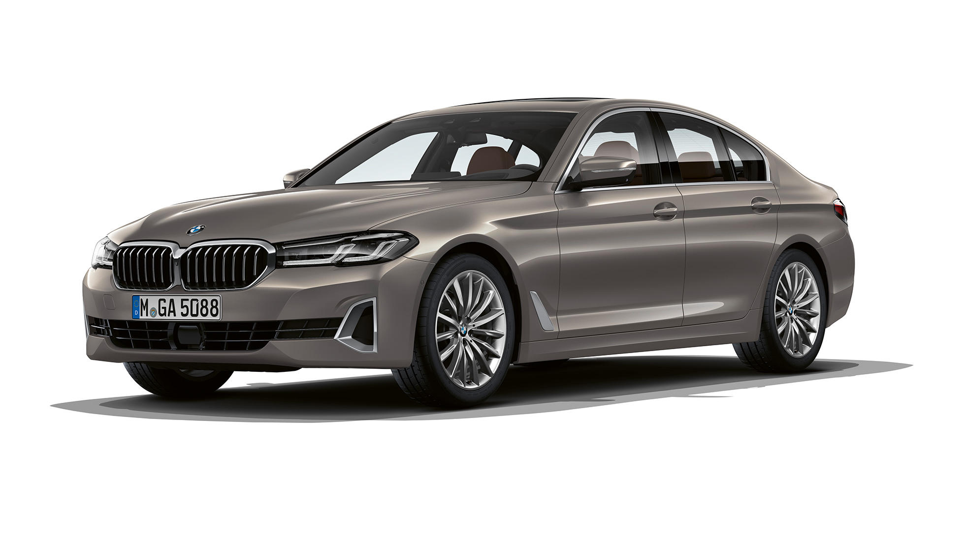 BMW 5. sērijas Sedan, G30, Luxury Line, priekšpuse BMW 5. sērijas Sedan, 520d, xDrive, G30, 2020, Luxury Line Bernina Grey krāsā, trīs ceturtdaļu priekšpuses skats