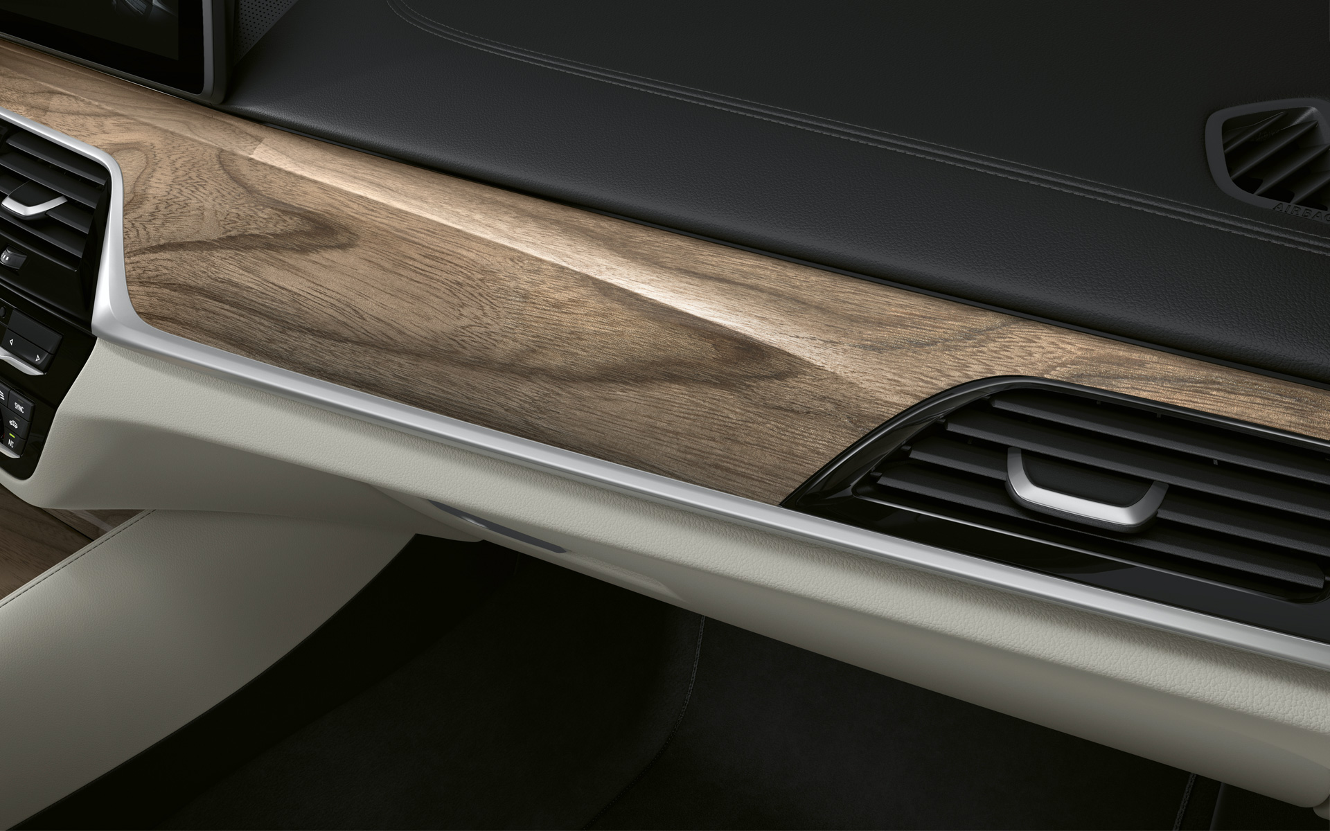 BMW 5. sērijas Sedan, G30, atjaunināts, 2020, detalizēts kokpits, Light Sen koka apdares elementi, salona apdare BMW 5. sērijas Sedan, G30, atjaunināts, 2020, detalizēts kokpits, Light Sen koka apdares elementi, salona apdare