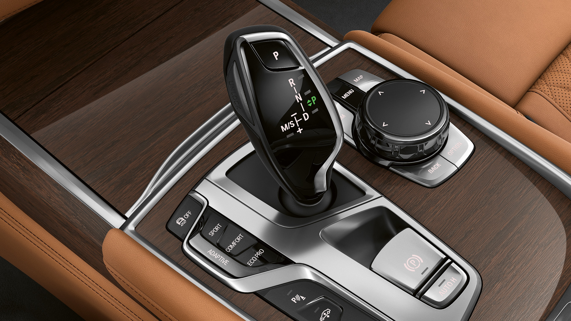 BMW 7. sērijas Sedan ar Pure Excellence virsbūves dizainu, pārnesumu pārslēgs BMW 7. sērijas Sedan ar Pure Excellence virsbūves dizainu Pārnesumu pārslēga tuvplāns