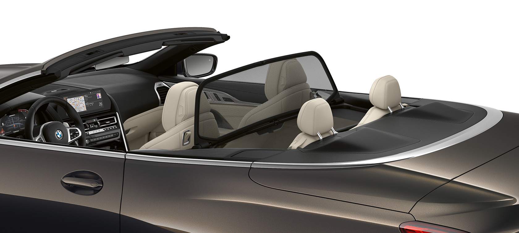 BMW M850i xDrive metāliskā Dravit Grey krāsā, sānskats ar atvērtu mīkstā seguma jumtu. BMW M850i xDrive metāliskā Dravit Grey krāsā, sānskats ar atvērtu mīkstā seguma jumtu.