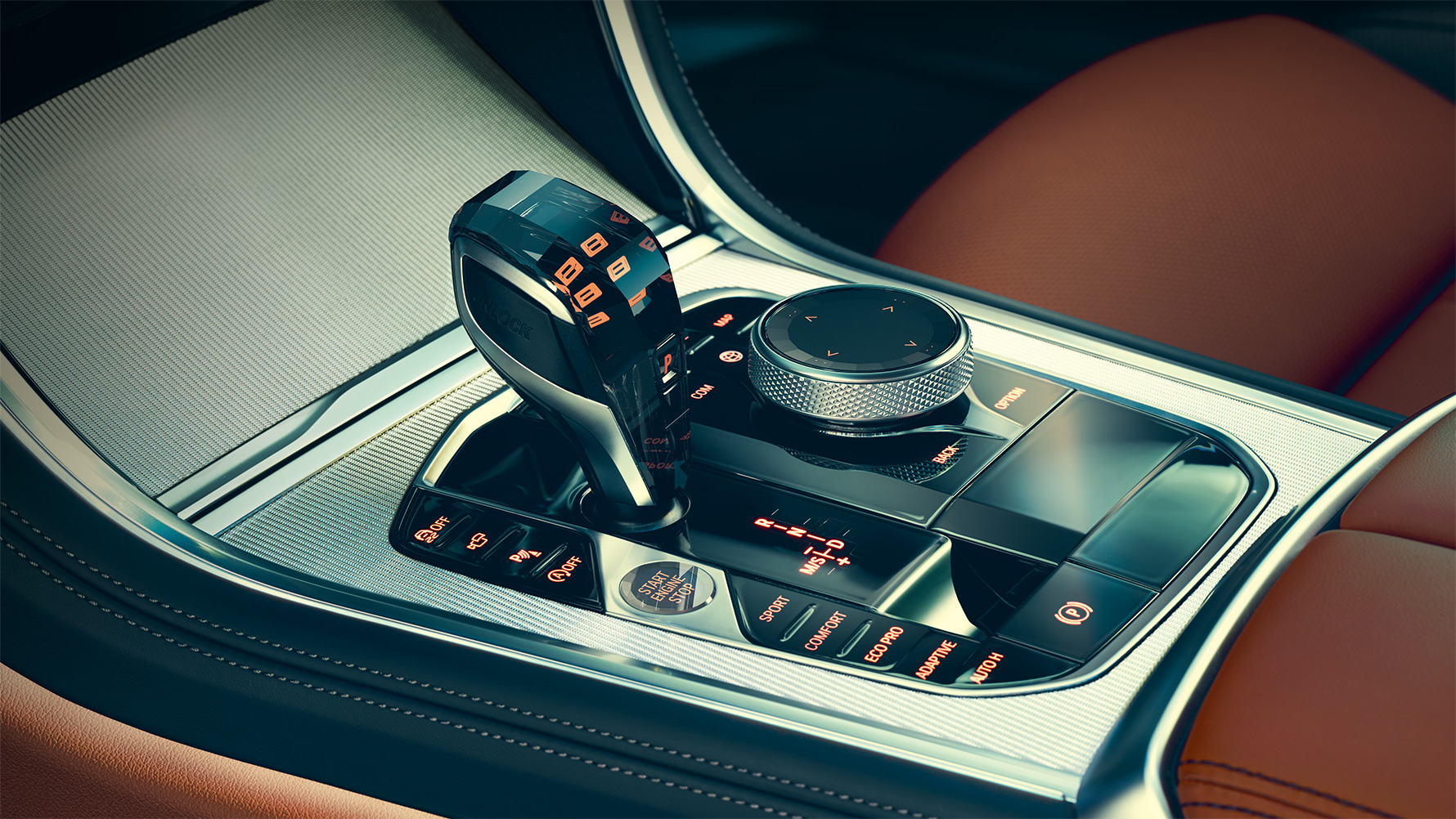 BMW 8. sērijas Coupé stikla aplikācijas BMW 8. sērijas Coupé salona stikla aplikāciju tuvplāns.