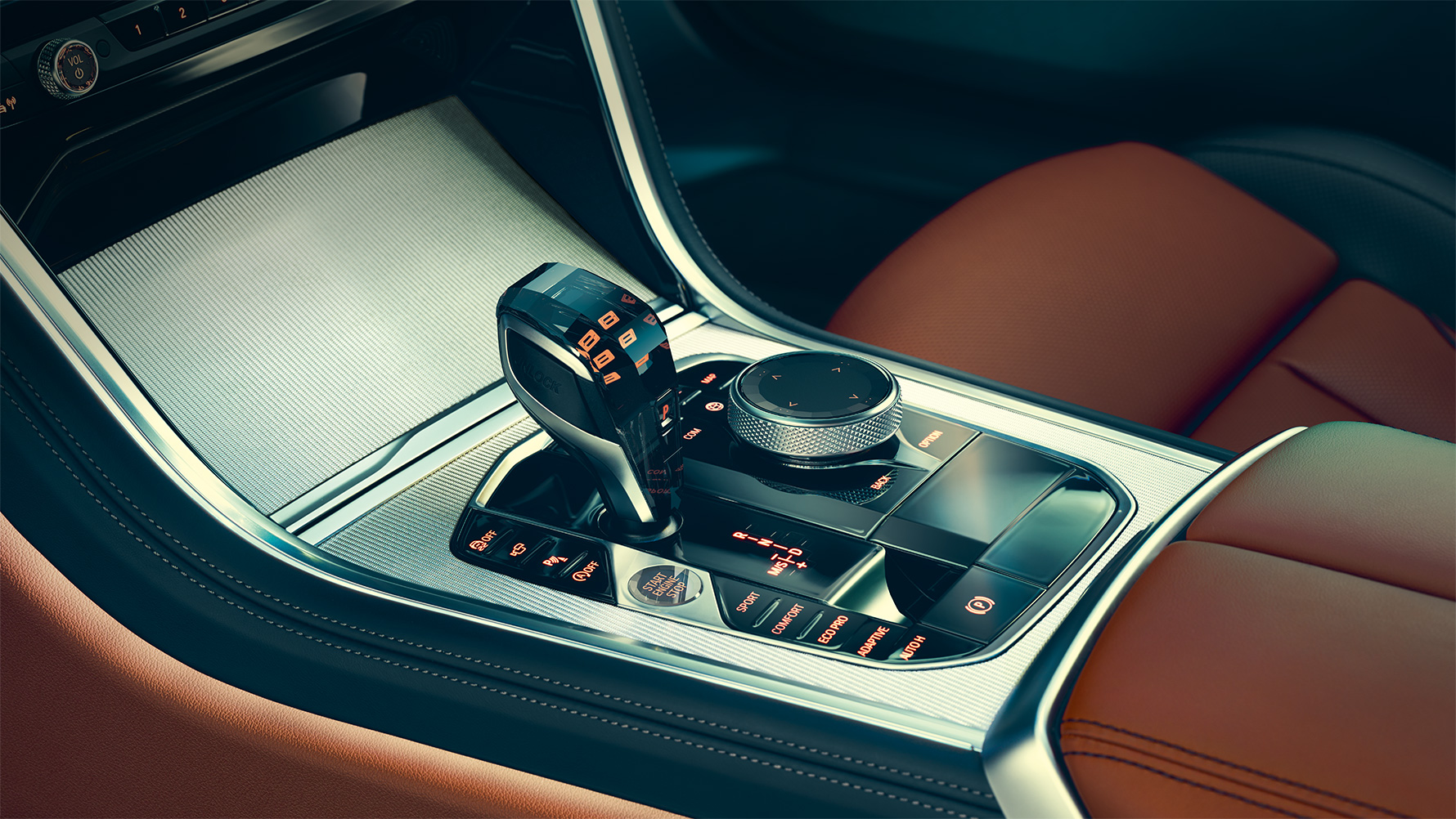 BMW 8. sērijas Coupé, viduskonsole BMW 8. sērijas Coupé salona tuvplāns ar uzsvaru uz viduskonsoli.