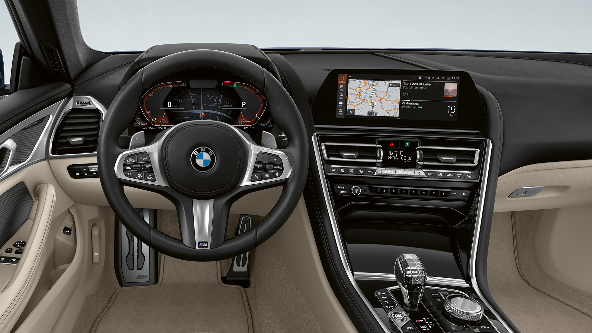 Daudzfunkciju M ādas stūre. BMW 8. sērijas Coupé, kokpits, M ādas daudzfunkciju stūre.
