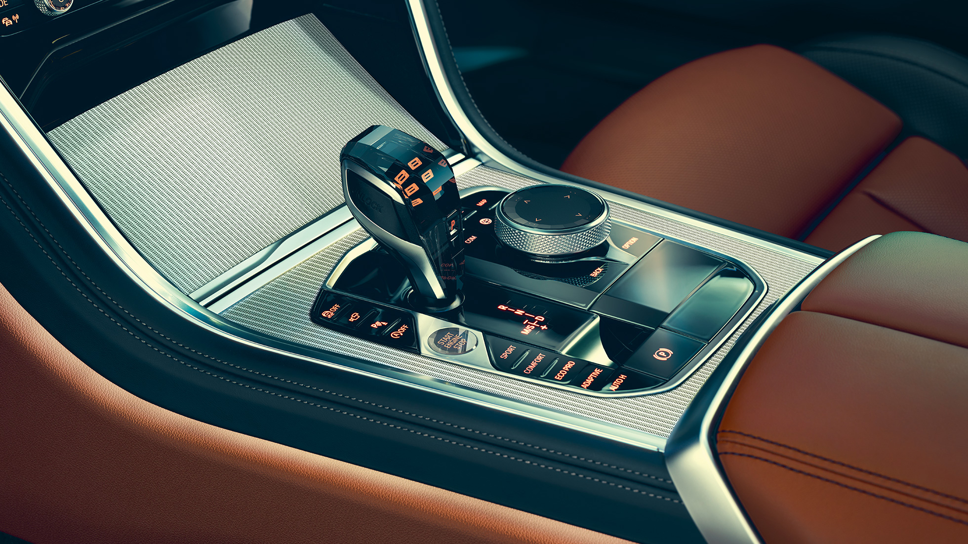BMW 8. sērijas Coupé, salons. BMW 8. sērijas Coupé, salons, pārnesumu pārslēga tuvplāns.