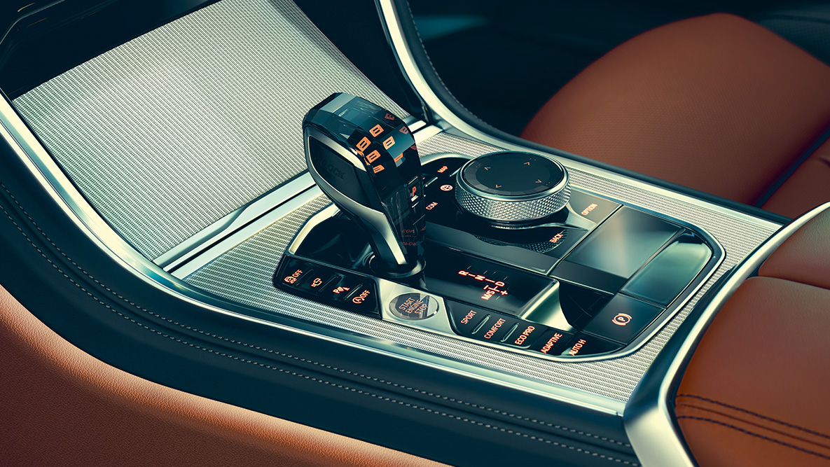 BMW 8. sērijas Coupé, viduskonsole. BMW 8. sērijas Coupé salona tuvplāns ar uzsvaru uz viduskonsoli.