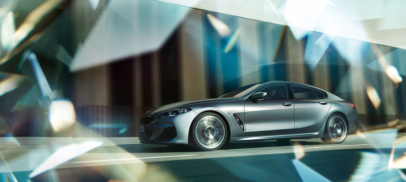 BMW 8. sērijas Gran Coupé iedvesmo BMW 8. sērijas Gran Coupé, skats no sāna uz braucošu automobili, iedvesmo