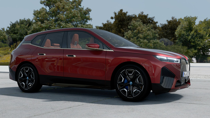 BMW iX i20, elektrisks SUV, virsbūve Aventurin Red krāsā BMW iX i20, 2021, elektrisks SUV, virsbūve Aventurin Red krāsā