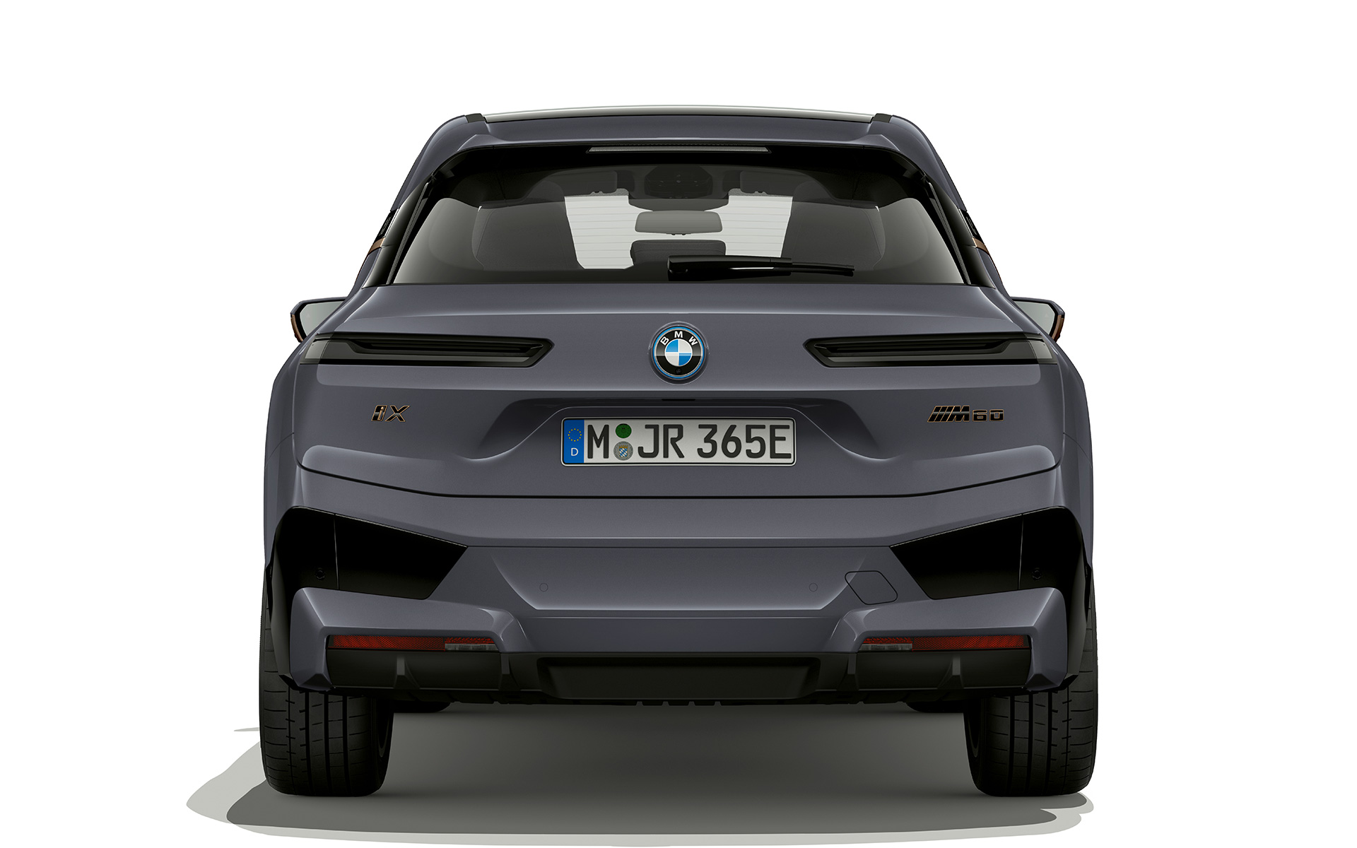 BMW iX M60 i20, 2022, elektrisks SUV, BMW Individual metāliska Storm Bay krāsa, aizmugures skats, Shadow Line lukturi