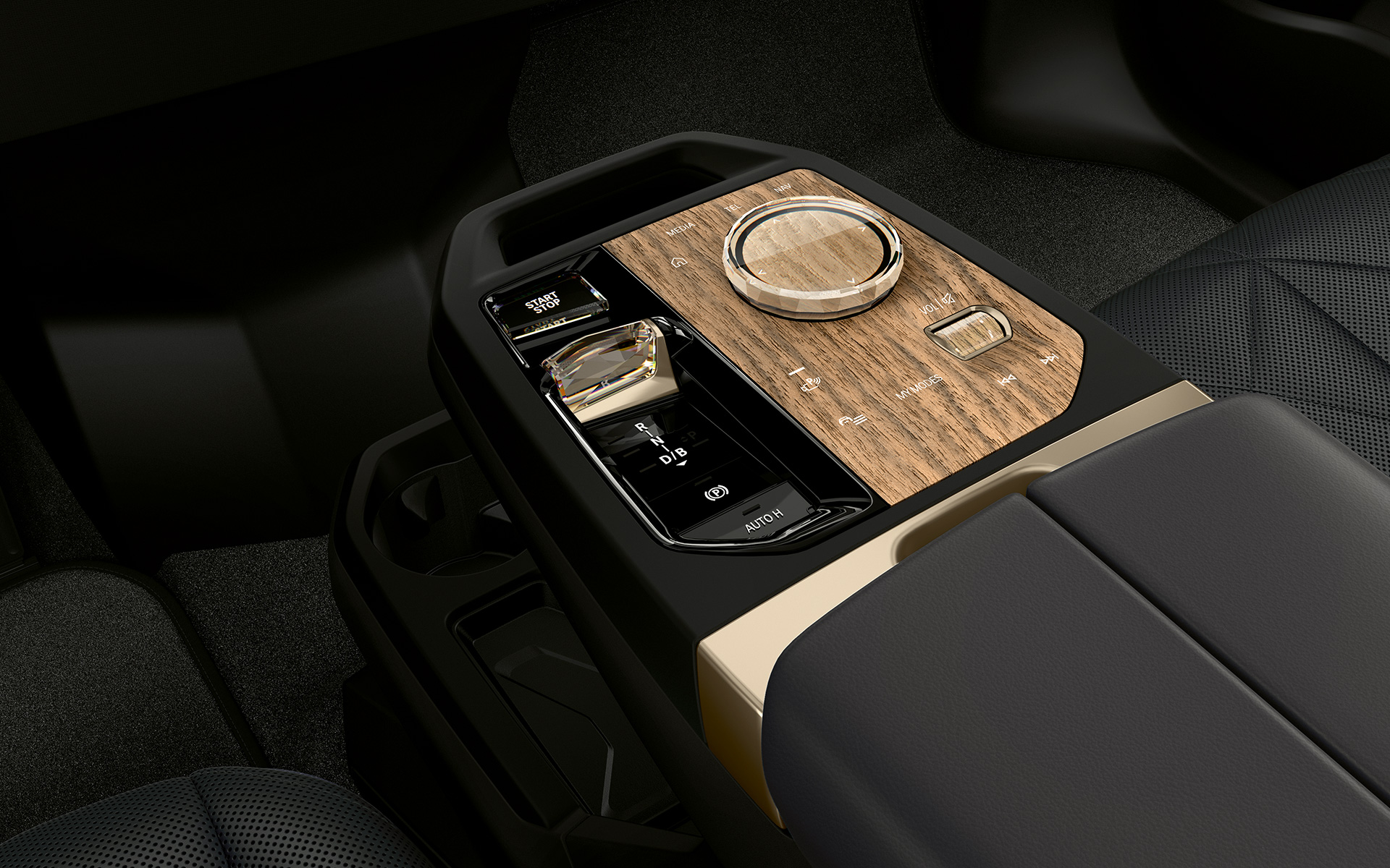 BMW iX M60 i20, 2022, elektrisks SUV, elektroautomobilis, viduskonsole ar Start/Stop pogu un BMW kontrolleru, salons