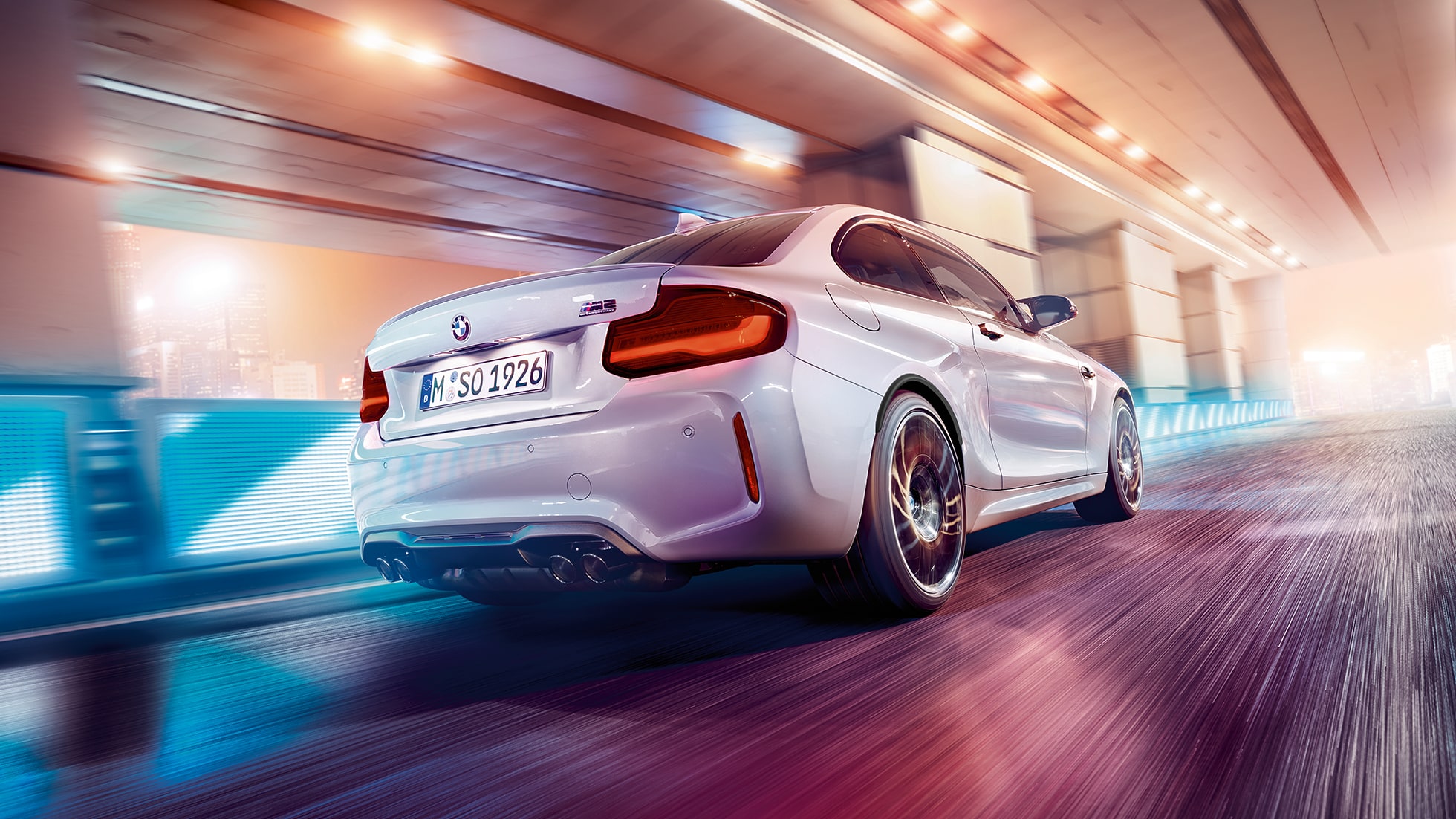 Aizmugures dizains, BMW M2 Competition, F87 Aizmugures dizains, BMW M2 Competition, F87, 2018, metāliska Hockenheim Silver krāsa, trīs ceturtdaļu aizmugures skats