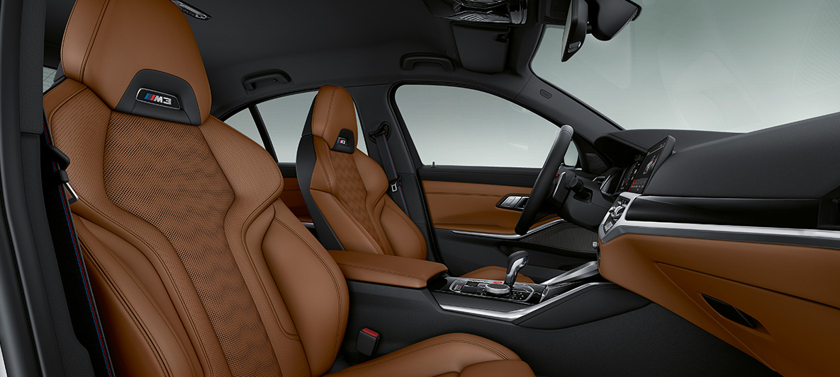 BMW Individual salona smalkkoka apdares elementi, BMW M3 Sedan, G80 2020, salons BMW Individual Fineline smalkkoka apdares elementi, Black krāsa ar sudraba efektu, ar redzamām porām, BMW M3 Sedan, G80, 2020, salons
