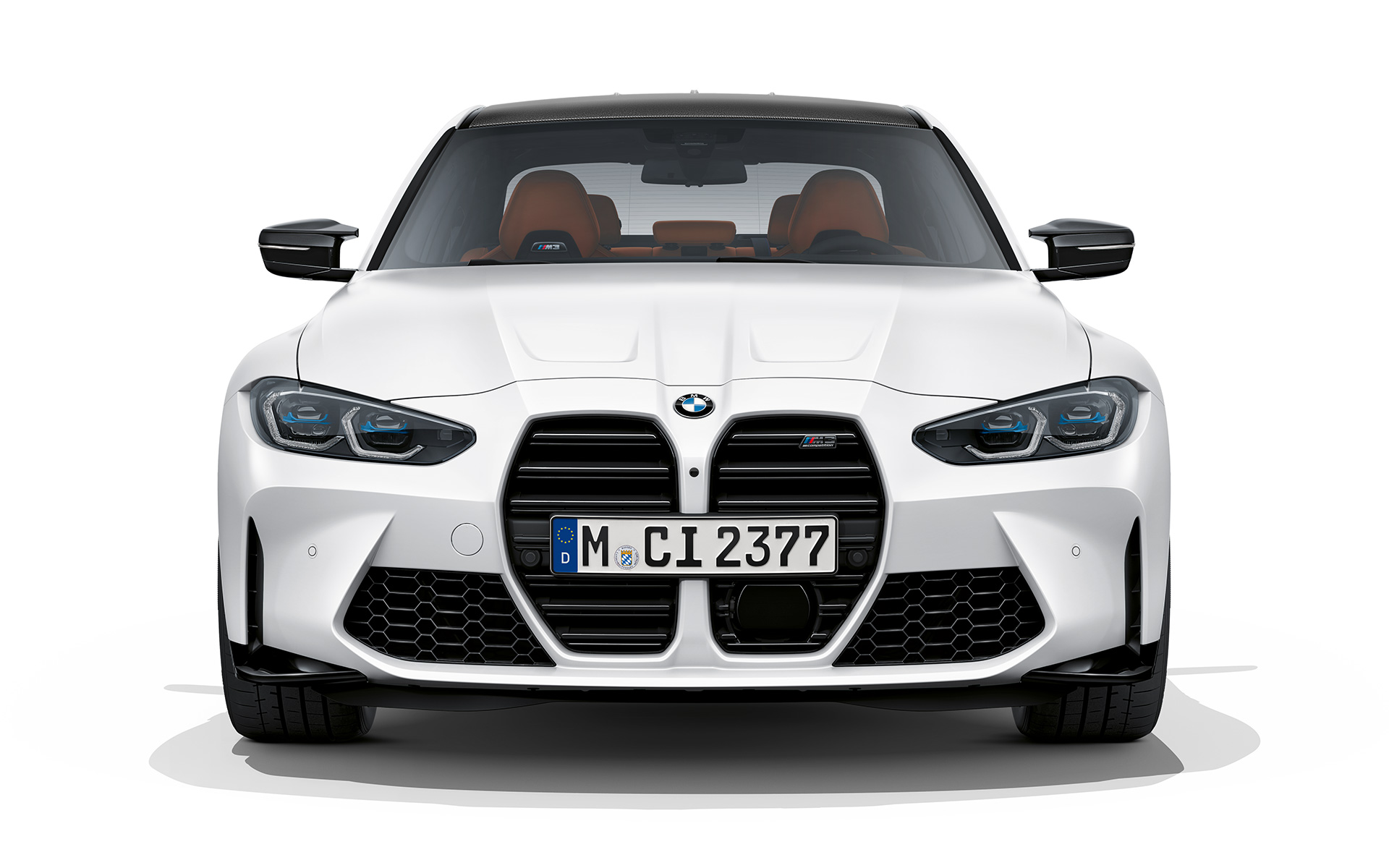 BMW M3 Competition, G80, 2020, metāliska Frozen Brilliant White krāsa, priekšpuses skats
