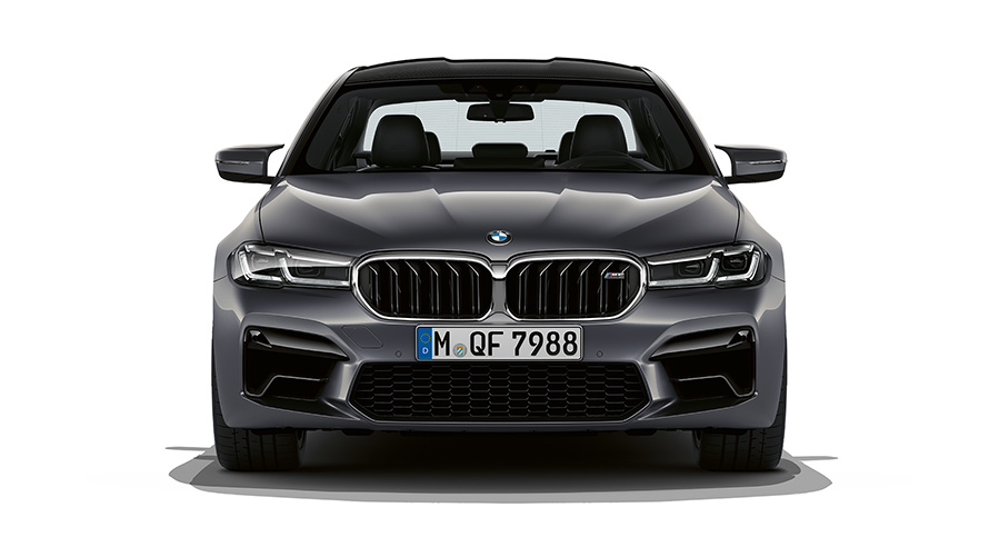 BMW M5, F90, LCI, atjaunināts, 2020, metāliska Brands Hatch Grey krāsa, priekšpuses skats