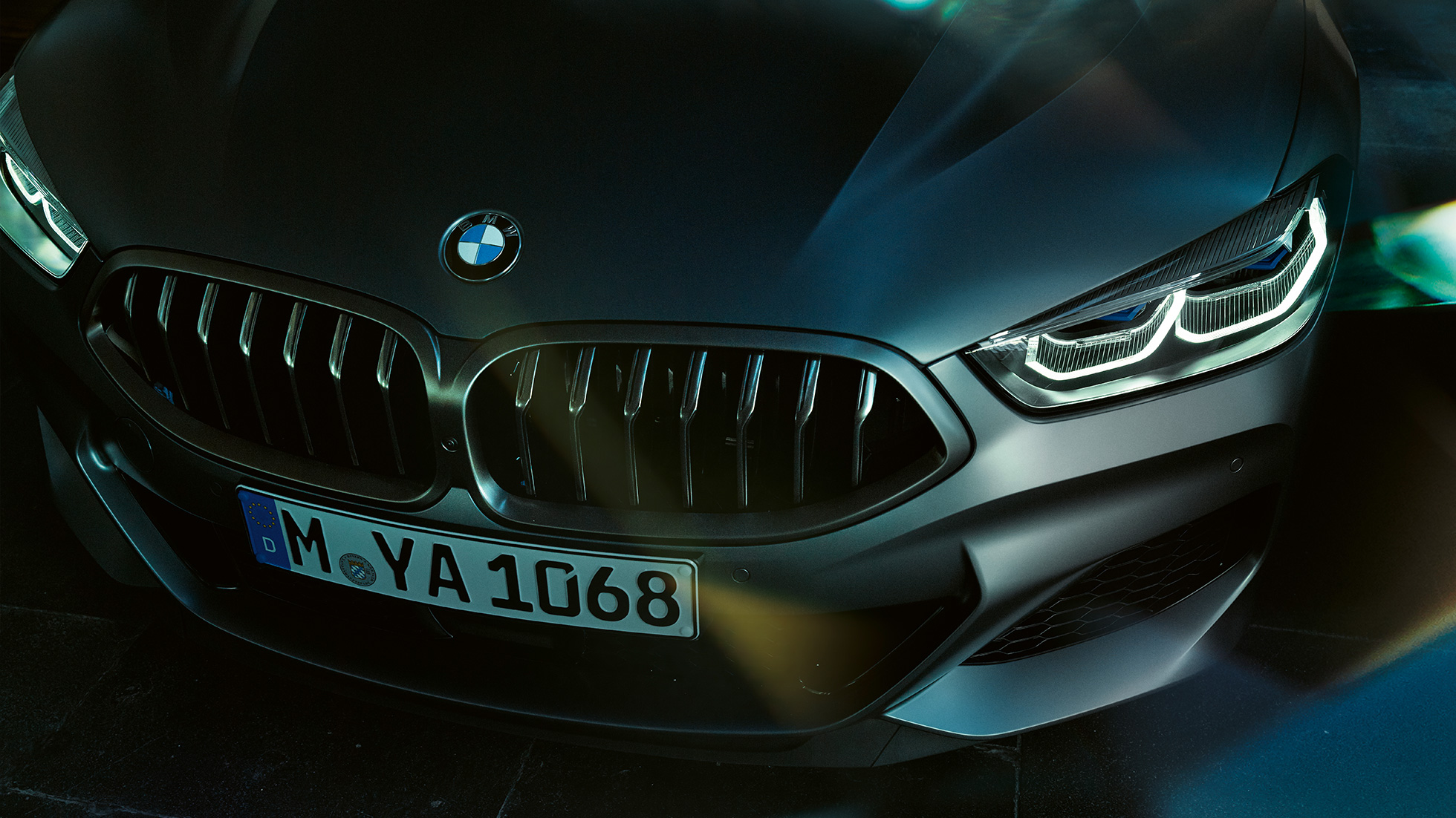 Elipsveida režģis, BMW M850i xDrive Gran Coupé Elipsveida režģis, BMW M850i xDrive Gran Coupé G16 2019, BMW Individual metāliska Frozen Bluestone krāsa, priekšpuses tuvplāns