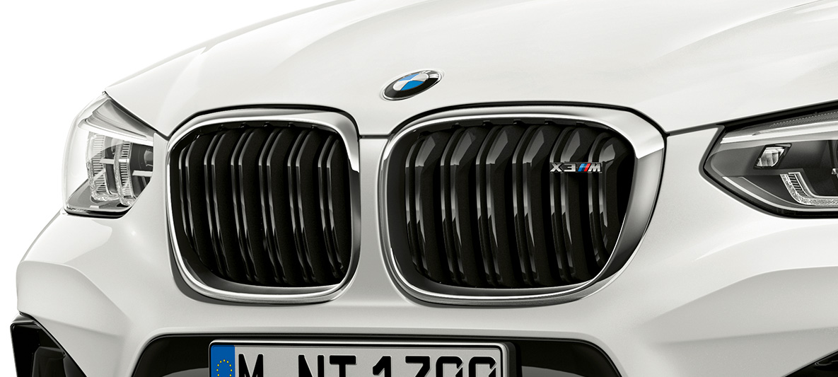 BMW X3 M, M elipsveida režģis. BMW X3 M Alpine White krāsā, virsbūve, priekšdaļa, M elipsveida režģis ar hromētiem akcentiem un modeļa uzrakstu.
