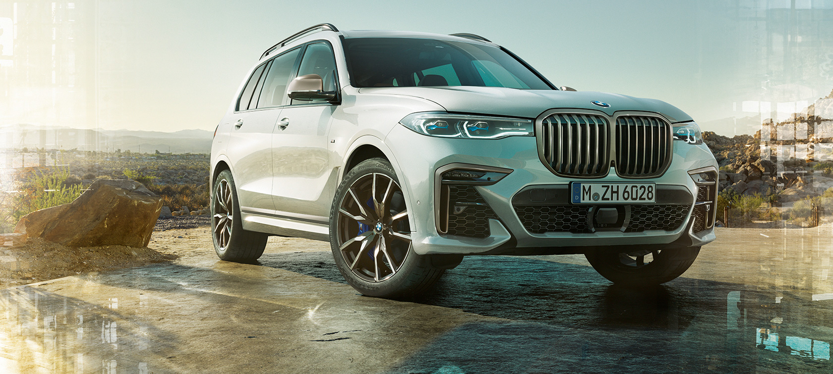 BMW X7 M automobilis, G07, 2019, trīs ceturtdaļu priekšpuses skats BMW X7 M automobilis, G07, 2019, Mineral White krāsa, trīs ceturtdaļu priekšpuses skats, stāvošs automobilis