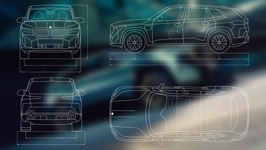 BMW XM, G09, trīs ceturtdaļu sānskats BMW XM, G09, trīs ceturtdaļu sānskats, stāvošs automobilis