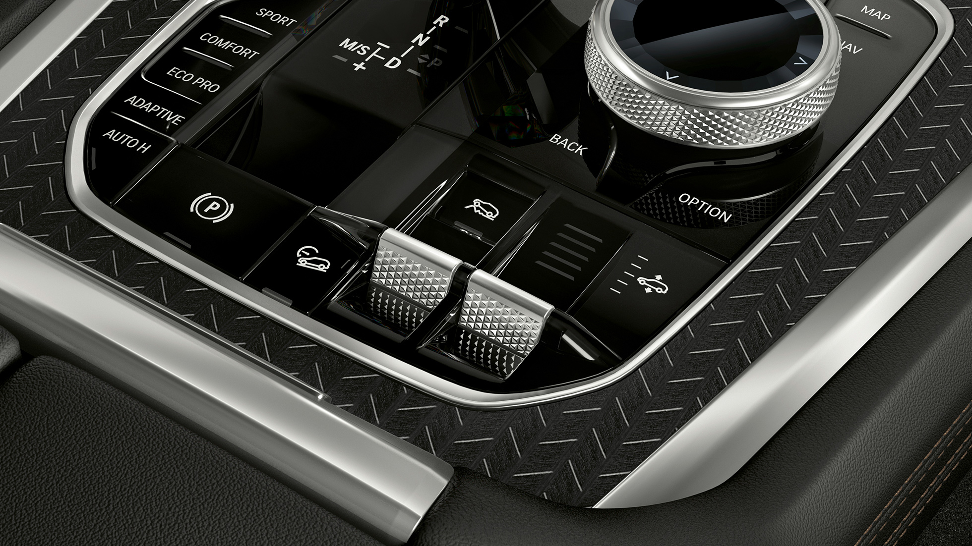 BMW X6 viduskonsole. BMW X6 salona tuvplāns ar skatu uz viduskonsoli.