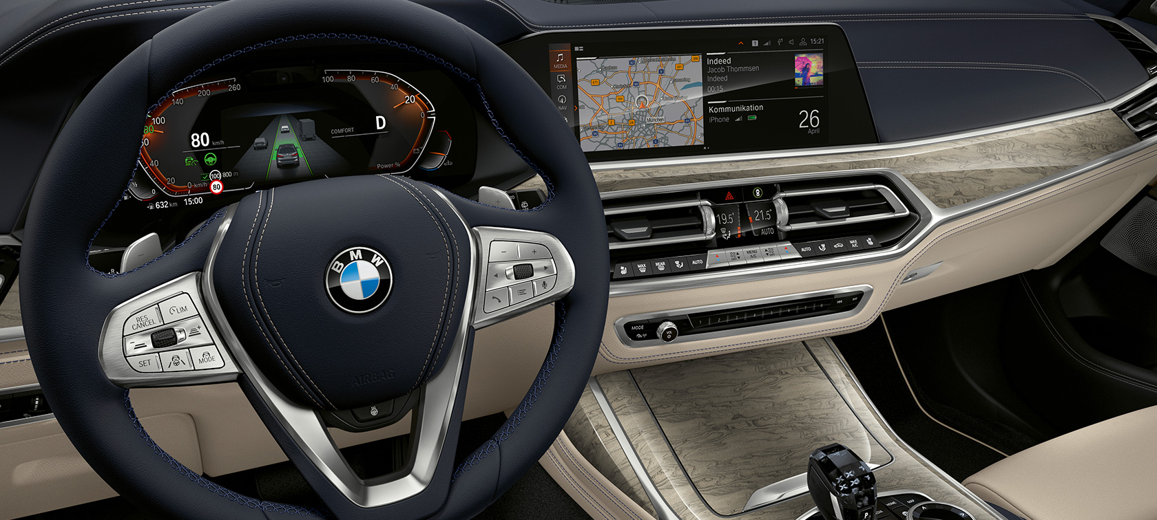 BMW X7 inovatīvās funkcijas BMW X7 kokpits ar fokusu uz instrumentu paneli un vadītāja paneli