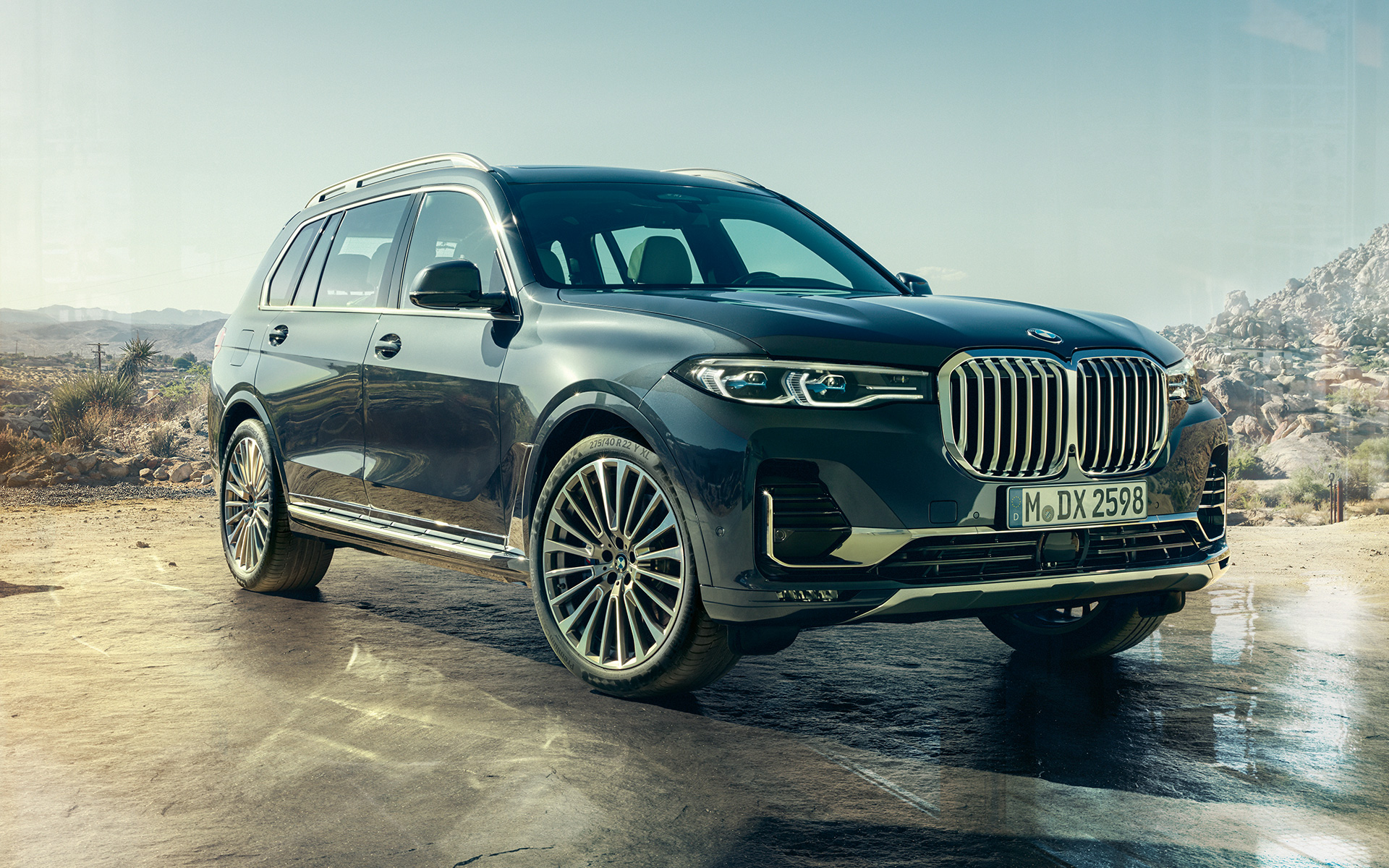 Virsbūve, trīs ceturtdaļu priekšpuses skats, BMW X7, G07, 2019 BMW X7, G07, 2019, virsbūve, trīs ceturtdaļu priekšpuses skats, uz tuksneša fona