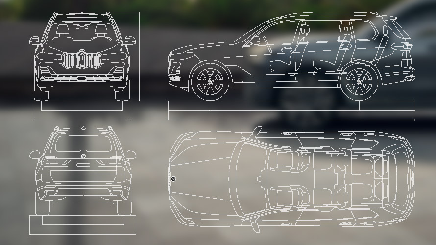 Rasējumi mērogā, BMW X7, G07, LCI Rasējumi mērogā, priekšpuses, sānu, aizmugures, augšpuses skats, BMW X7, G07, LCI