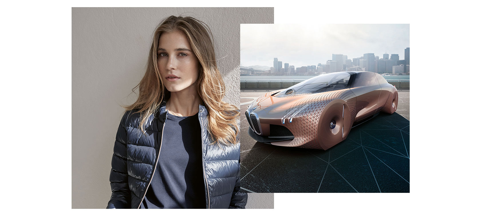 Kolāžā apvienoti divi attēli – pa kreisi modele tērpusies BMW kolekcijas apģērbā, bet pa labi ir BMW Vision 100 konceptauto. Kolāžā apvienoti divi attēli – pa kreisi modele tērpusies BMW kolekcijas apģērbā, bet pa labi ir BMW Vision 100 konceptauto.