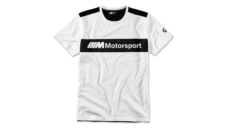 BMW M autosporta vīriešu T krekls ar logotipu. Izstrādājuma ilustrācijā parādīts BMW M autosporta vīriešu T krekls ar logotipu.