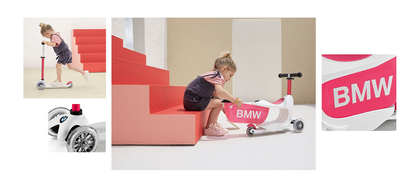 BMW bērnu skūteris. Četru attēlu kolāžā secīgi parādītas dažādās BMW bērnu skūtera detaļas.
