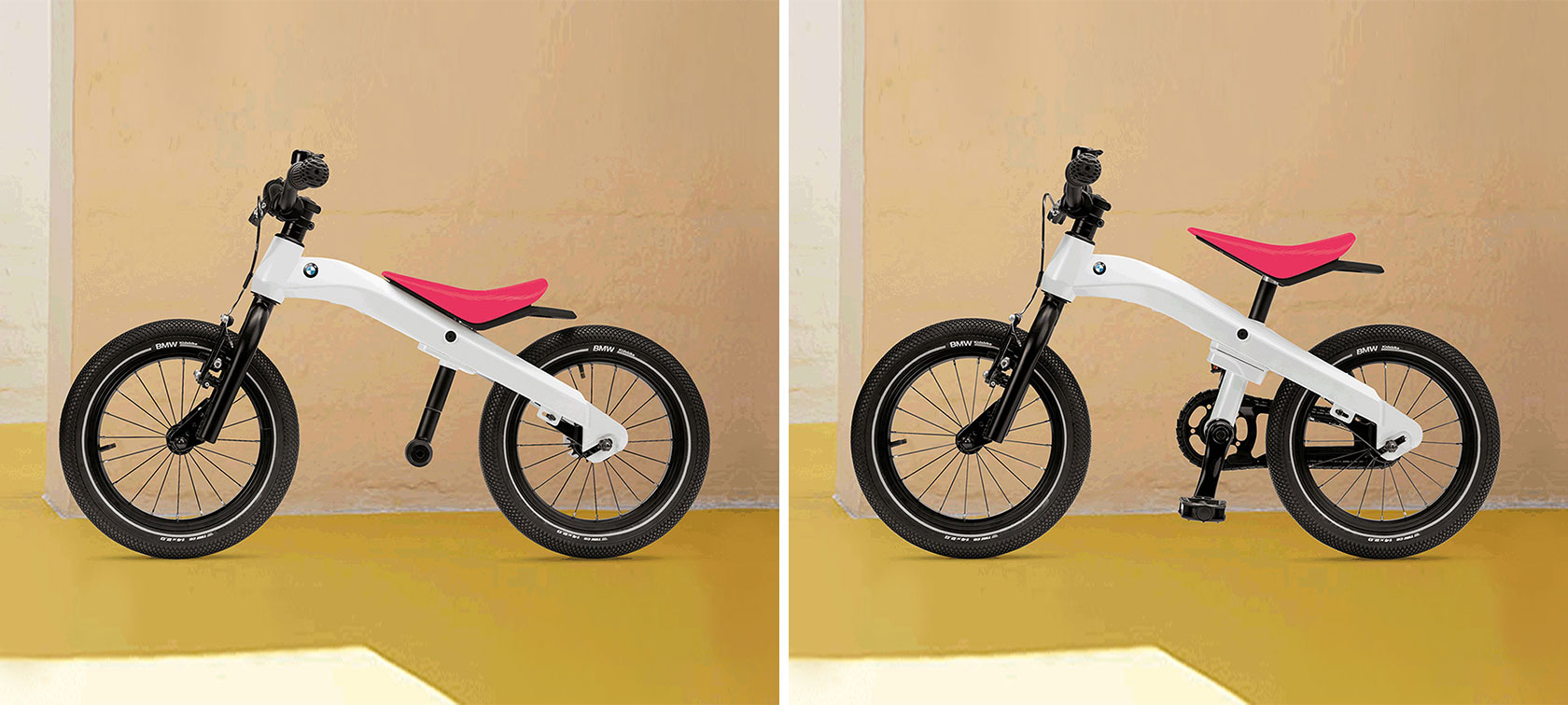 BMW bērnu velosipēds. Attēlā parādīts BMW bērnu velosipēds kā īsts velosipēds no kreisās puses, bet kā līdzsvara ritenis – no labās puses.