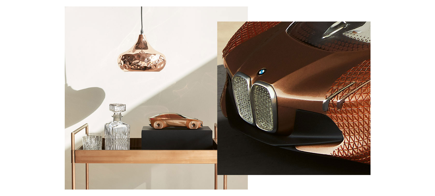 BMW Vision Next 100 miniatūra. Šis attēls ir sadalīts divās pusēs: Kreisajā pusē redzam BMW Vision Next 100 miniatūru uz melnas pamatnes futūristiskajā vara un misiņa krāsu toņu salikumā. Tuvplāna attēls labajā pusē rāda detalizētu BMW Vision Next 100 miniatūras priekšpusi ar dzinēja pārsegu un priekšējo spārnu.