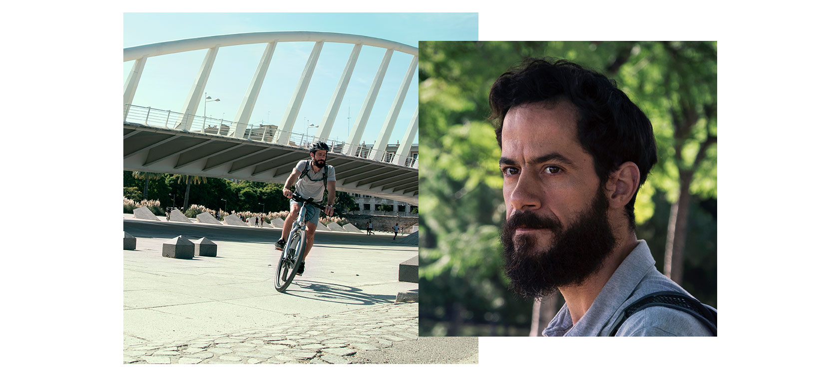 Attēlos parādīts Fernando uz sava BMW Active Hybrid E-Bike kreisajā pusē, bet labajā – mēbeļu dizainera portrets. Attēlos parādīts Fernando uz sava BMW Active Hybrid E-Bike kreisajā pusē, bet labajā – mēbeļu dizainera portrets.