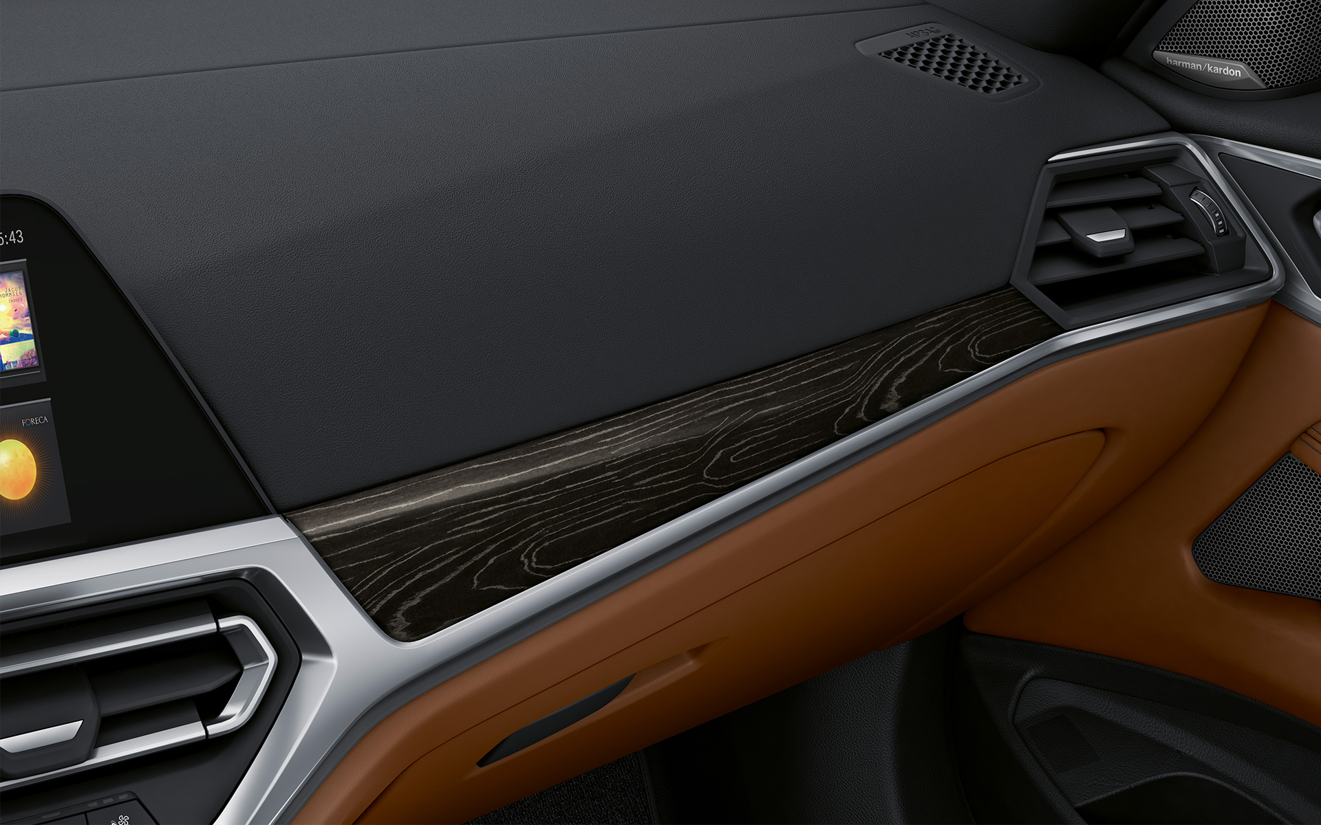 BMW Individual Fineline poraini smalkkoka apdares elementi Black krāsā ar sudraba mirdzošu efektu, tuvplāns BMW Individual Fineline poraini smalkkoka apdares elementi Black krāsā ar sudraba mirdzošu efektu, tuvplāns